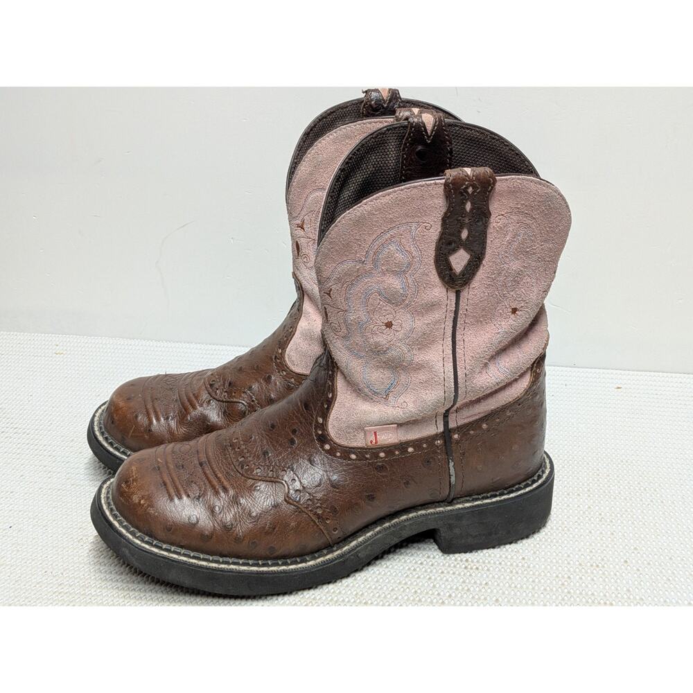 Justin Gypsy Women’s 8.5 B Pink Shaft Brown Ostrich Print Western Cowboy Boots